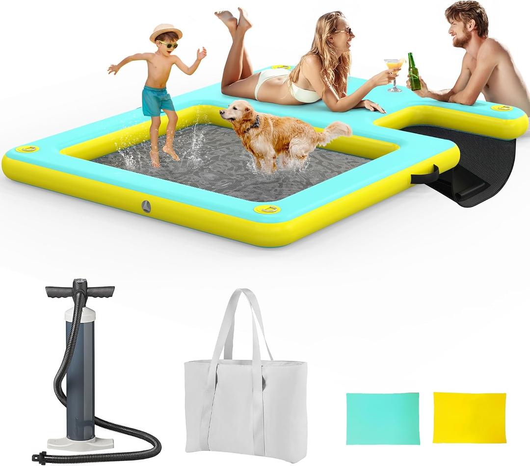 Inflatable Dock Floating Platform, 8FT x 6FT Inflatable Water Hammock w/Ladder, Thickened Dog Pool Ramp, Non-Slip Water Ramp Mat Floating Pool Float Island Raft Lounger for Lakes, Beach, Pools