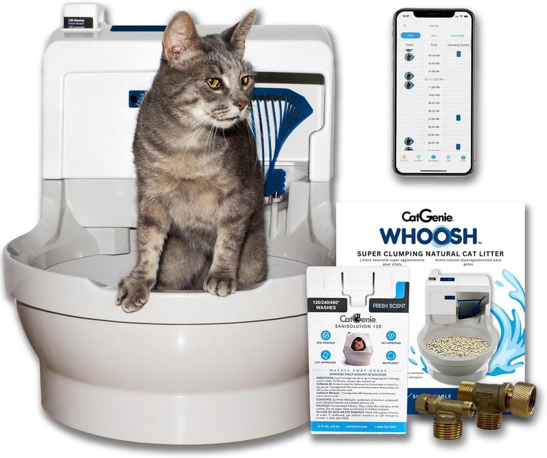CatGenie Whoosh Self Cleaning Cat Litter Box with App Control, Automatic Self-Flushing System, Disposable Flushable Septic Safe Litter, No Scooping or Waste Drawer, Multi Cat Friendly
