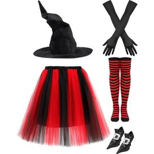 Halloween Witch Cosplay Costume for Women Witch Hat Layered Puffy Tutu Skirts Striped Tights Shoe Cover Gloves