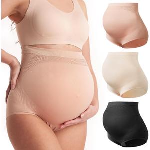 Momcozy Women's Maternity High Waist Underwear Pregnancy Soft Seamless Maternity Underwear Over Bump (Medium, Black,almond,oyster Pink-3pk)