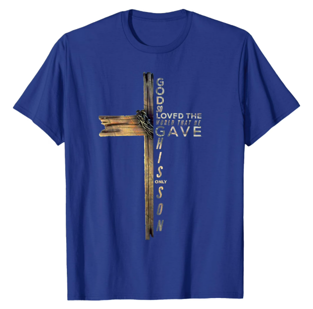 John 3:16 Christian Cross Bible T-Shirt Blue XXL