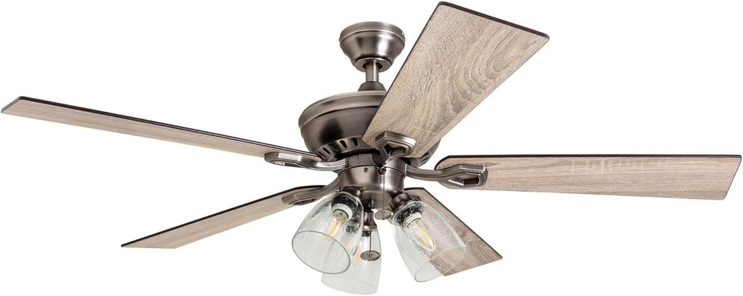 Prominence Home Glenmont, 52 Inch Farmhouse LED Ceiling Fan with Light, Pull Chain, Three Mounting Options, Dual Finish Blades, Reversible Motor - 50388-01 (Pewter)