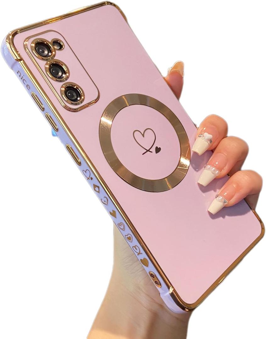 ZTOFERA Magnetic Case for Samsung Galaxy S20 FE 5G [Compatible with MagSafe] Cute Plating Love Hearts Case with Camera Protection,Soft Shockproof TPU Bumper Cover for Women Girls,Light Purple