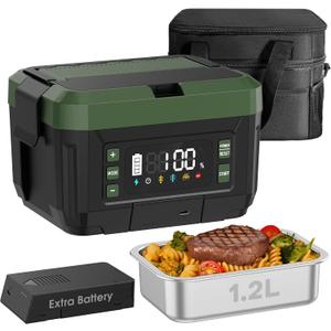 Cordless Electric Lunch Box for Adults  1.2L Stainless Steel Self-Heating Lunch Box with Dual 20000mAh Removable Rechargeable Batteries, Portable Heated Food Warmer for Work, Travel & Office