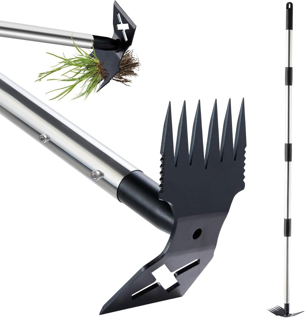 Weed Puller Tool with Long Handle, 60'' Weed Remover Weeding Tool, Heavy Duty 2 in 1 Manual Weed Rake and Garden Hoe, Gardening Weeder Tools for Yard, Lawn, Patio, Garden