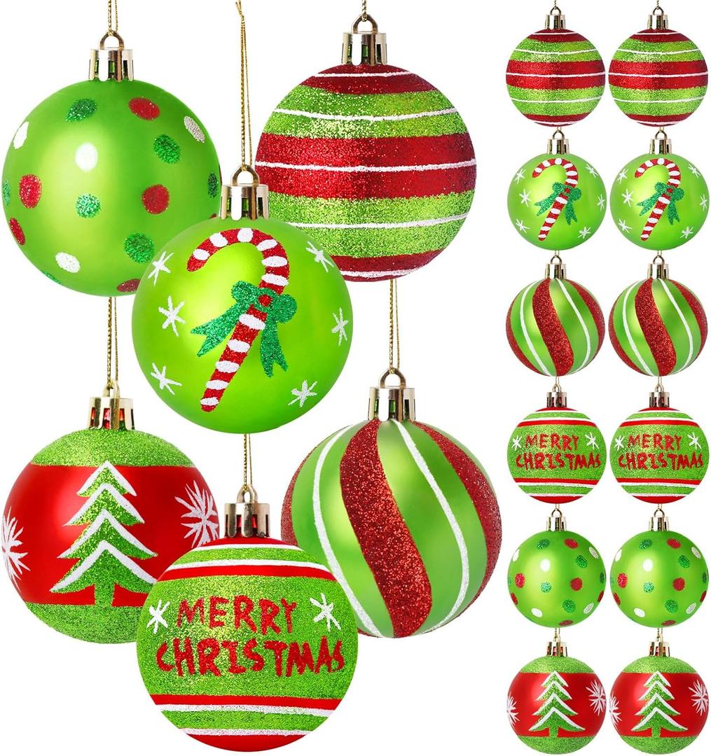 12 Pcs Christmas Tree Ornaments,2.4 Inch Christmas Ball Ornaments for Tree,Red Green Glittering Hanging Bulbs Pendants for Xmas Decorations