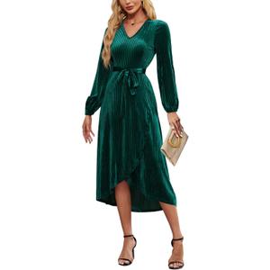 Women's Velvet V Neck Puff Sleeve Dress for Wedding Guest Cocktail Elegant Bodycon Party Midi Dress (Green, XL)