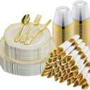 Bestluck 175PCS Ivory Plastic Plates for 25 Guests Disposable Dinnerware Sets Include 50 Plastic Plates, 25 Silverwares, 25 Cups, and 25 Pre Rolled Napkins for Party, Wedding and Graduation