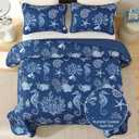 Djoymock Coastal King Size Quilt Set 3 Pcs, Summer Blue Beach Theme Quilts with Pillowcases Reversible Microfiber Ocean Bedding Set Nautical Bedspreads Coverlet Lightweight Comforter for All Season