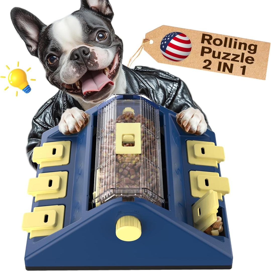 KADTC Paw-Activated Rolling Puzzle Game Toy Level 2 in 1 Puppy Treat Toys Large Capacity Slow Feeder Adjustable Interactive Food Dispenser for Small/Medium Dogs Brain Mental Stimulation Healthy Eating (Yellow Blue)