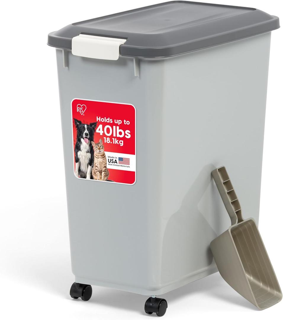 IRIS USA Dog Food Storage Container with Wheels, Airtight Lid, 2-Cup Scoop, Up to 40 Pounds Pet Food Storage, Built in Scoop Storage in Lid, Versatile Pet Food Bin, Portable, BPA Free, Gray/Dark Gray