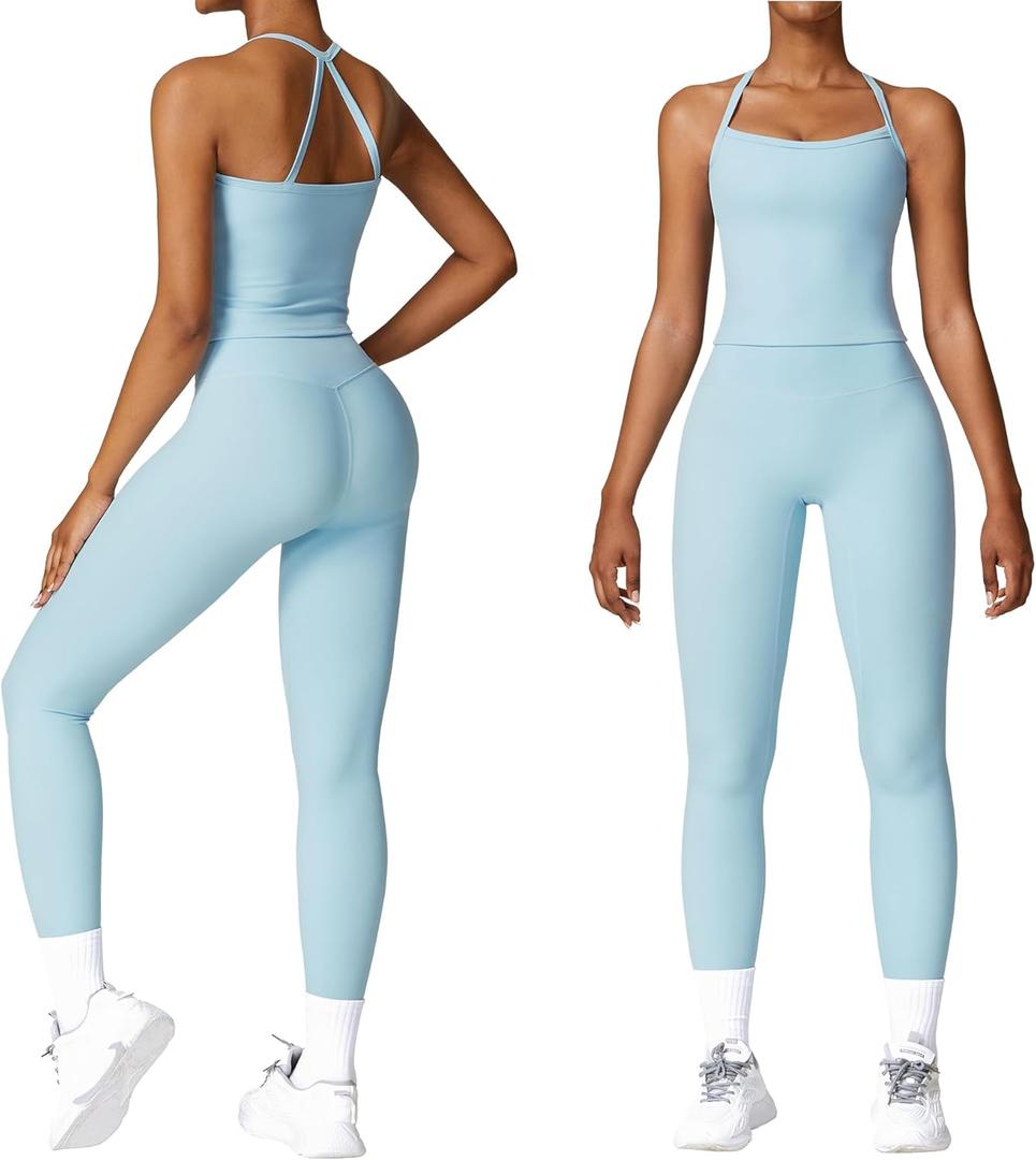Women 2 Piece Workout Sets (2025 NEW) Yoga Outfit Open Back Tank Top High Waisted Leggings Gym Sets Tracksuits (Medium, Sky Blue)