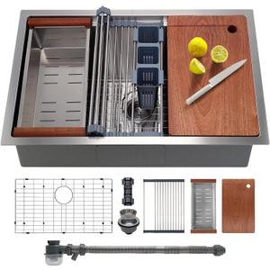 SANYCASA 27 Inch Undermount Kitchen Sink with Quiet Drain - 11 Gauge Stainless Steel, Single Bowl - Multifunctional Handmade Modern Integrated Ledge Workstation Set -