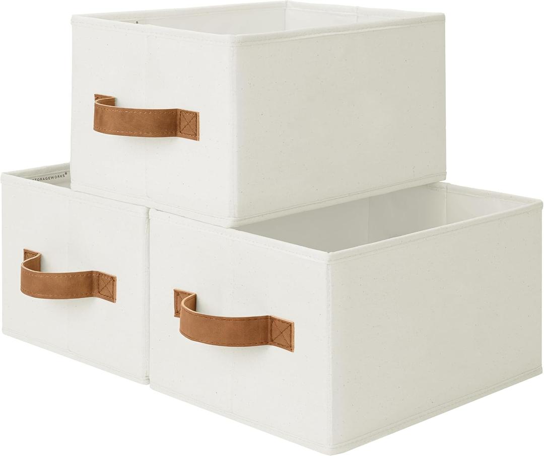 StorageWorks Closet Organizer Storage Baskets, Storage Bins for Shelves, Fabric Organization and Storage, Foldable Closet Organizer for Clothes, Ivory White, 3-Pack, Small