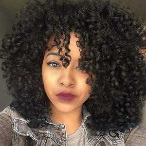 YEAME Curly Wigs for Black Women - Afro Curly Wig with Bangs, Natural Black, Heat Resistant, 15" Full Wig, 150% Density, Glueless, 1 Count