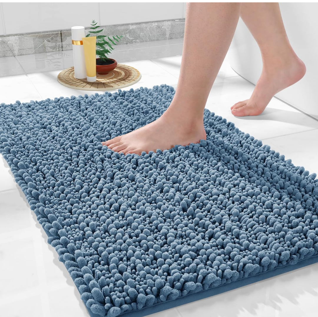 Yimobra Bathroom Rugs Non Slip Washable 24x17, Ultra Soft and Water Absorbent Bath Mats, Plush Fluffy Shower Mat Outside, Microfiber Thick Matts for Bathroom Floor/Sink, Denim Blue