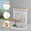 Jewelry Organizer Stand with Velvet Ring Holder, Liftable Necklace Holder with Earring Organizer Net, 9 Hooks Necklaces Storage Wooden Handing Bar for Bracelets Watches Rings (White)
