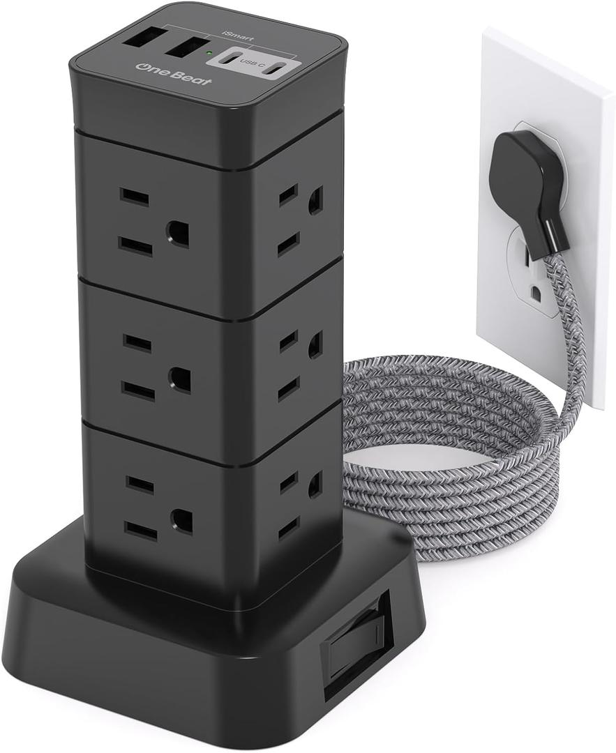 6 Feet Surge Protector Power Strip Tower, 12 Outlets 4 USB (2 USB C) Desktop Charging Station for Multiple Devices, Flat Plug Extension Cord with Multiple Outlets for Home Office Dorm, Black