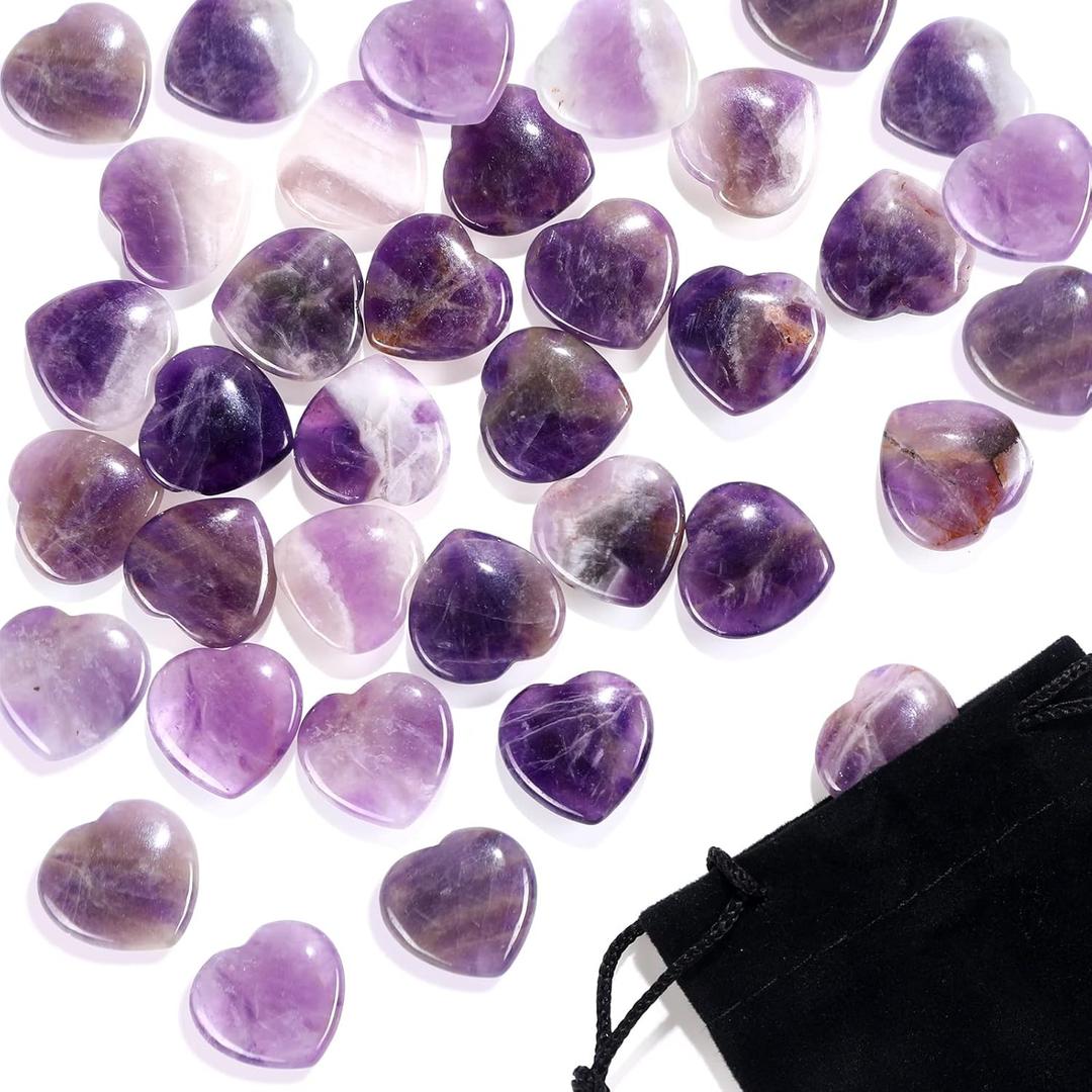 Patelai 24 Pcs Amethyst Heart Crystals Purple Heart Shaped Stones Natural Healing Worry Stones Mini Pocket Gemstone with Black Flannelette Bag for Valentines Gift Reiki Balancing