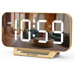 Peakeep Slim Digital Mirror Aesthetic Alarm Clock for Bedrooms Desk Decor - Plug in Electric Big LED Modern Small Clock for Office Living Room, Battery Backup, 6 Dimmers (Gold), 6.2 x 3.5 in