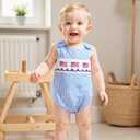 Adobabirl Baby 4th of July Outfit Boy Girl American Flag Bubble Romper Smocked Overalls Newborn Fourth of July Clothes (Blue, 0-3 Months)