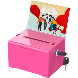 Uniclife Acrylic Donation Box with Lock and Sign Holder Pink Ballot Box with Slot Plastic Suggestion Box Tip Jar Cash Storage Container Drop Box for Fundraising Voting Raffle Charity, 6.2" x 5" x 4" (1 Pack)