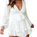 Bonkwa Women's Summer Deep V-Neck Floral Print Romper Long Baggy Sleeves Double Layer Ruffle Hem Short Jumpsuits with Belt