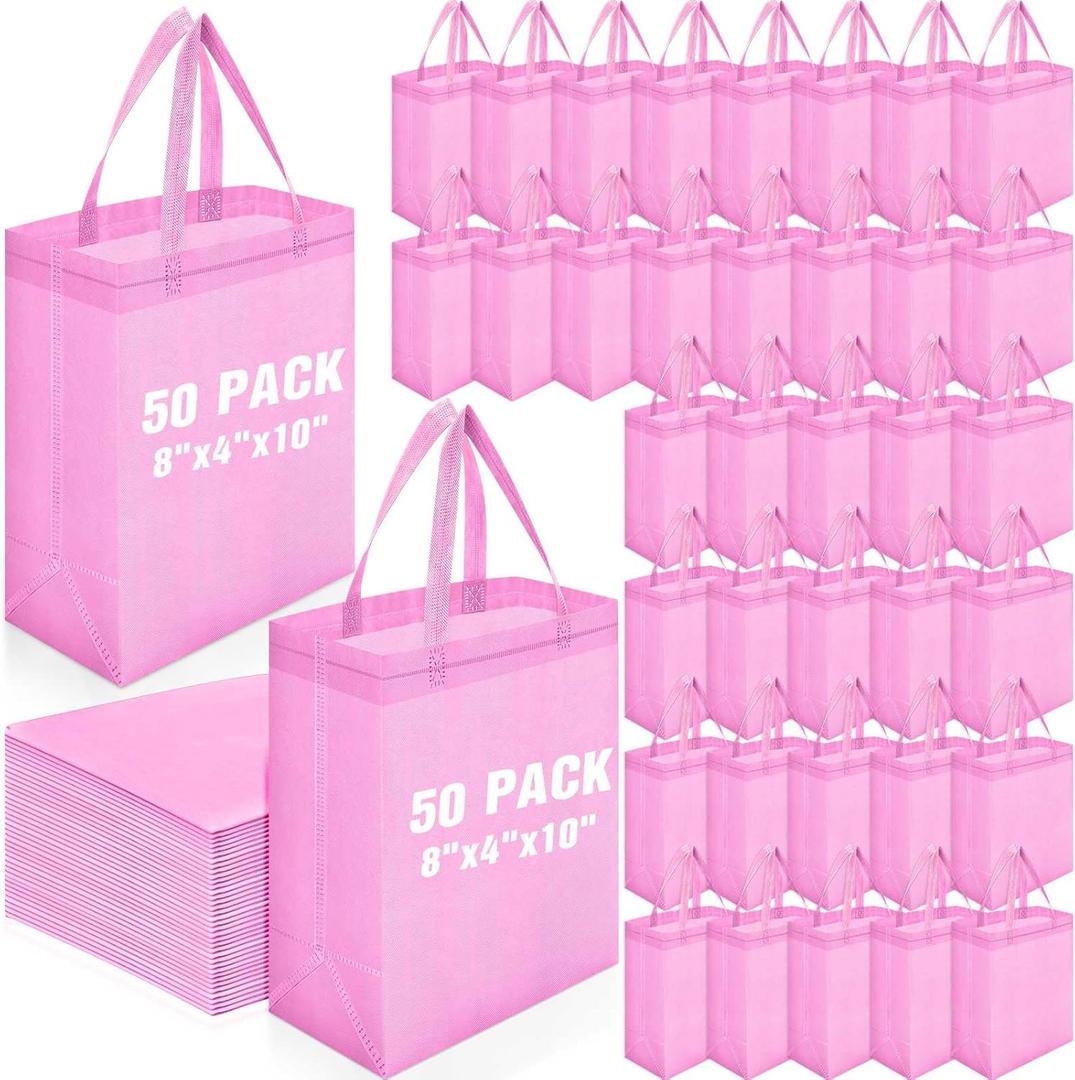 Windyun 50 Pcs Reusable Tote Bag Bulk 8 x 4 x 10 Inch Non Woven Shopping Bag with Handle Christmas Reusable Grocery Gift Tote (Pink)