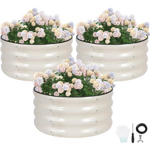 G GOOD GAIN Round Raised Garden Bed - 3Pcs 2x2x1ft Galvanized Steel Planter Boxes Outdoor with Rubber Edge Trim | Metal Raised Beds for Gardening Vegetables Flowers Fruits Herbs (White)