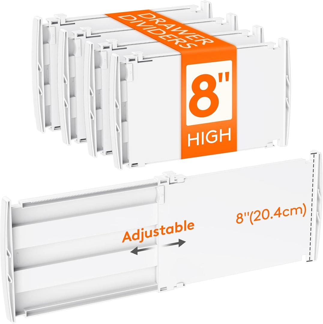 Lifewit 8" Tall 4 Pack Drawer Dividers, 35-56.5cm/13.8-22.2" Expandable Drawer Divider for Clothes, Adjustable Dresser Drawer Organizers, Drawers Separators for Dresser/Bathroom/Closet/Kitchen White