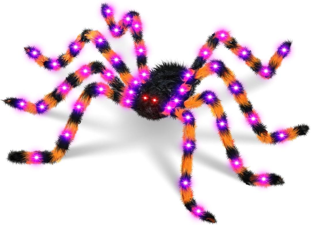 Halloween Decorations 4.9 FT Giant Spider 38LED Light up Black Hairy Scary Fake Spider with Red Lighted Eyes Battery Operated Party Haunted Yard House Indoor Outdoor Decor, Black and Orange