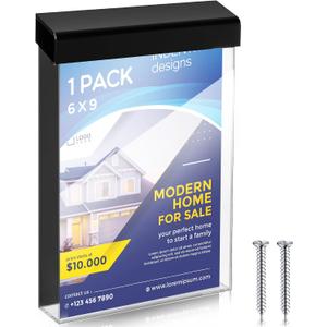Thyle 6 x 9 Inch Outdoor Brochure Holder with Lid Acrylic Wall Mount Literature Box with Self Closing Lid Waterproof Clear Heavy Duty with Screws for Flyer Document Pamphlet Display (Black)