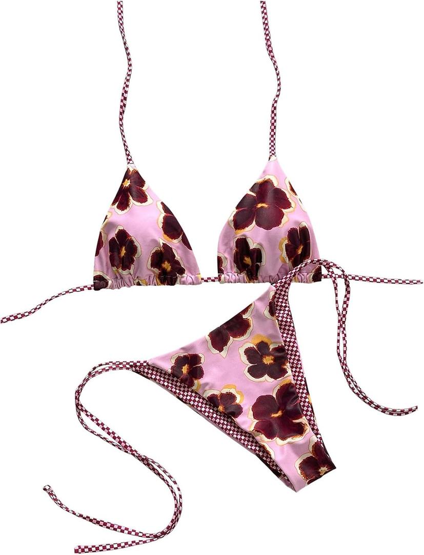 BEAUDRM Women's Y2k Reversible Bikini Set Floral Striped Thong Swimsuit (Pink, M)
