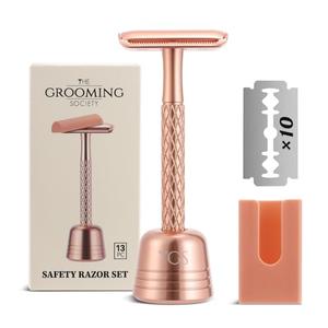 THE GROOMING SOCIETY Double Edge Safety Razor for Women Rose Gold with Stand and Silicone Cover - Durable Metal Eco-Friendly Single Blade Safety Razor with 10 Blades- Closed Smooth Shave