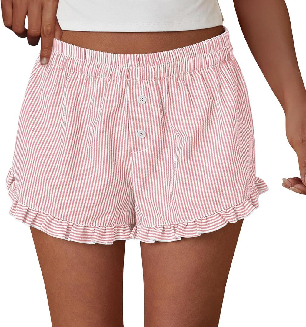 PRETTYGARDEN Womens Boxer Shorts Y2K Ruffle Pajama 2026 Summer Spring Lounge Sleep Striped Casual Beach Pj Bottoms Pockets (Large, Stripe Light Pink)