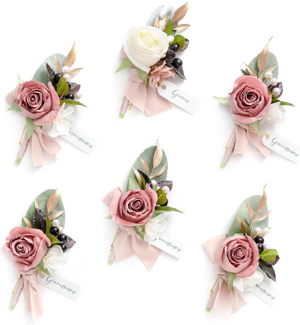 Ling's Moment Boutonniere for Men, 6pcs Groom Groomsmen Boutonniere, Artificial Flowers for Wedding Decor/Prom/Homecoming, etc.Dusty Rose Mauve