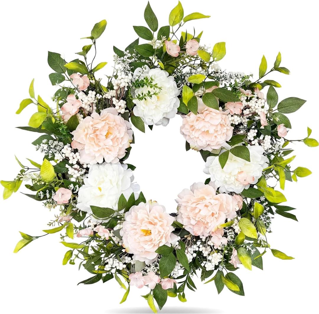 24 Inch Large Spring Wreath for Front Door, Summer Artificial Wreaths with Pink Peonies, Eucalyptus Leaves and Berries,Outdoor Wreath for Porch, Indoor Home Wall, Wedding, Mantel Dcor