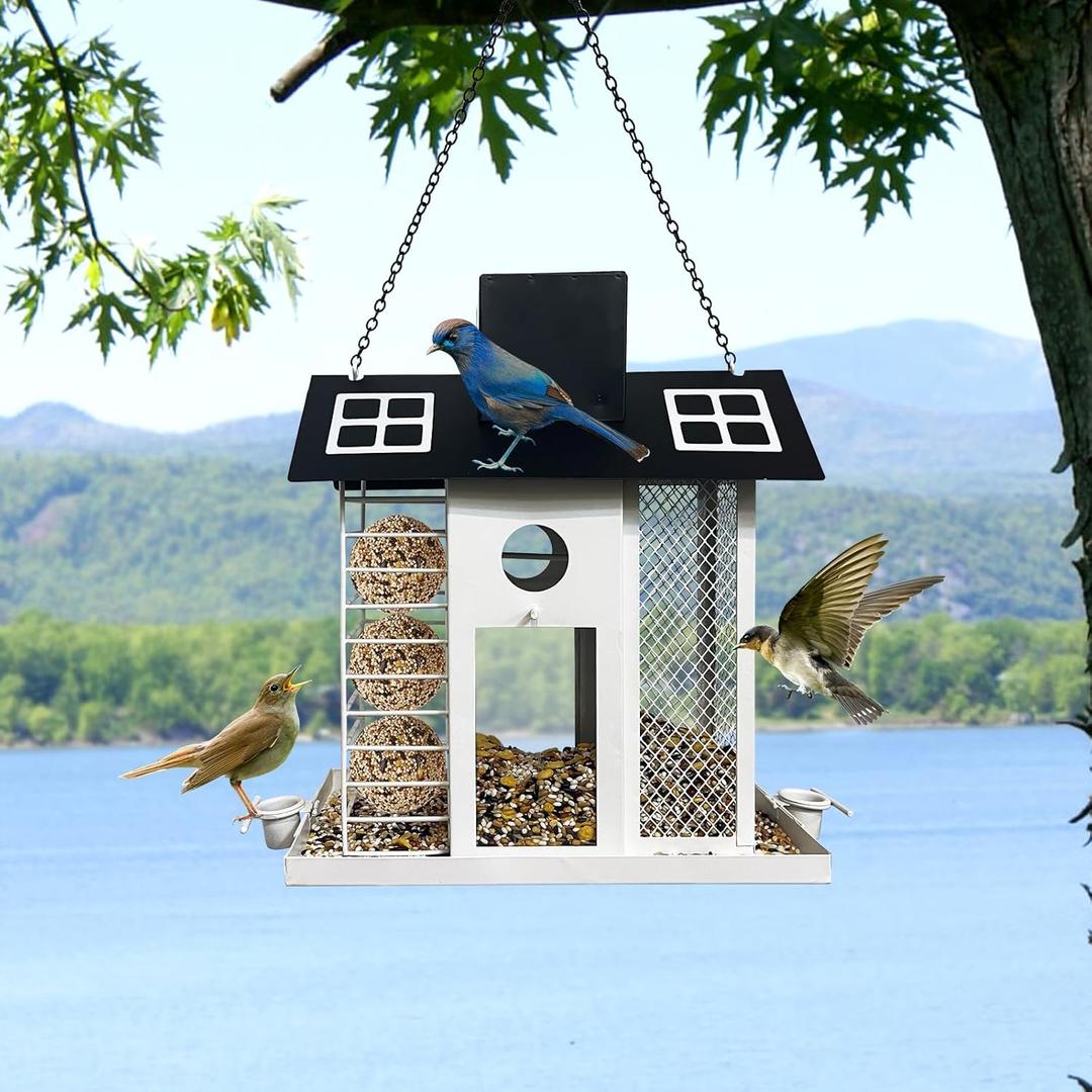 HONGLAND Solar Bird Feeders House for Outside Hanging, Metal Wild Bird Feeder for Outdoors Hanging, Large Capacity, Weatherproof and Durable, Cardinal Bird Feeder Garden Lantern Backyard Decor