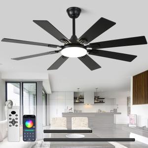 52" Ceiling Fans with Lights and Remote, Black Modern Ceiling Fan with 8 Dual Finish Blades, Quiet Reversible Motor，Farmhouse Ceiling Fan with RGB Lights for Bedroom, Living Room, Patios