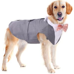 Dog Tuxedo Suit and Bandana Set,Small Medium Large Breeds Dog Wedding Attire Party,Gentle Pet Prince Costume with Detachable Bow Tie Collar,Cat Vest Shirt Dress-up Cosplay Apparel for Special Events (Grey, Medium)