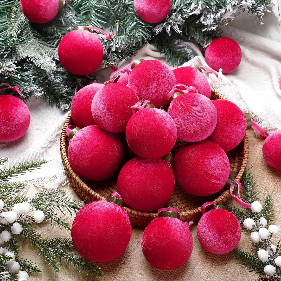 HyDren 24 Pcs Hot Pink Velvet Christmas Ornaments Balls Bulk Flocked Christmas Tree Ornaments 3.15, 2.76, 2.36 Inch Shatterproof Hanging Xmas Tree Balls Decor for Xmas Decorations