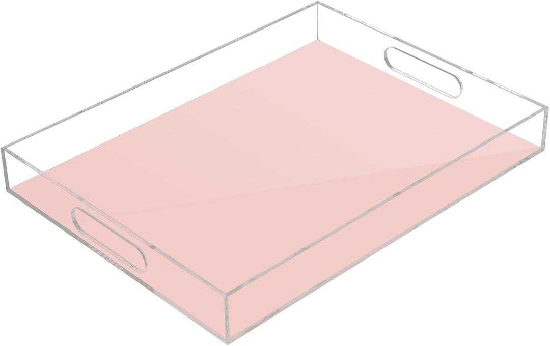 J JOYSAY Pale Pink Serving Tray with Handles Decorative Ottoman Tray Rectangle Acrylic Tray for Knitting Basket Crochet Accessories and Supplies