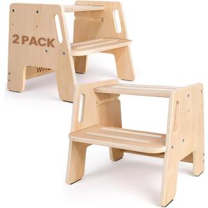 2 Pack Toddler Step Stool, Wooden Height-Adjustable 2-Step Stool for Kids, Potty Training Stool with Handles (Original Wooden Colour)