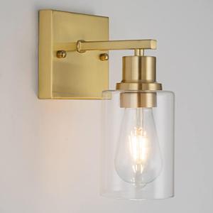 1-Lights Gold Bathroom Light Fixture, Brushed Brass Vanity Light with Clear Glass Shade, Modern Bath Wall Lights for Living Room, Hallway, Bedroom