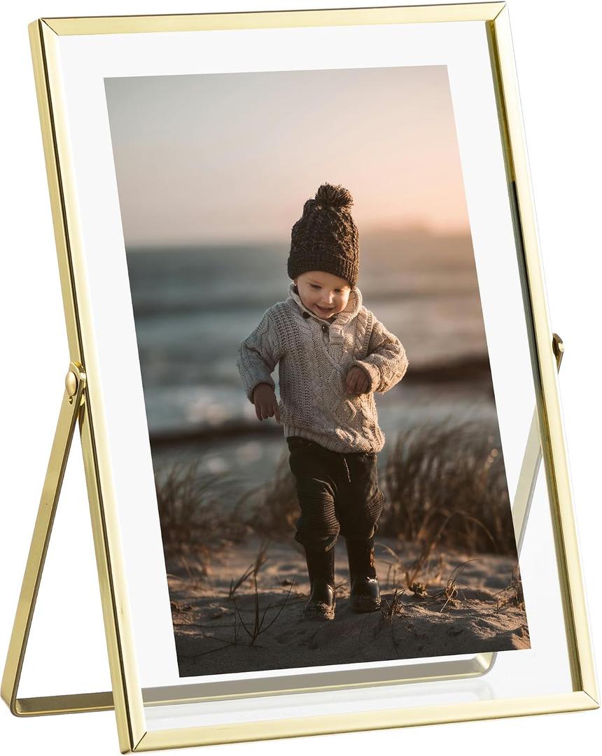 eletecpro 5x7 Metal Picture Frame with Real Glass Cover, Horizontal Tabletop Display Photo for Multiple Size up to 5x7, Floating Photo Frame for Wedding, Party, Home Decor, Gold