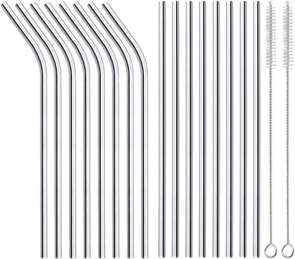 ANNVCHI 16 Pack of Reusable Stainless Steel Metal Straws, 8 Straight + 8 Bent 8.5 inch Metal Straws with 2 Cleaning Brushes, Straw Compatible with 20oz Stanley Cup