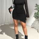 BEAUDRM Women's Plus Size Bodycon Dresses Long Bell Sleeve Wedding Guset Dress Mesh Sheer Party Club Mini Short Dresses (Black)