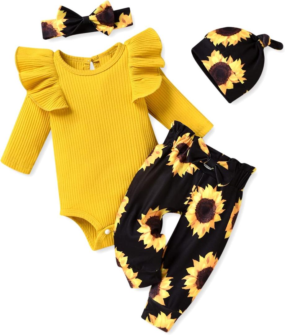 Unutiylo Preemie Newborn Baby Girls Clothes Ribbed Romper Bodysuit Pants Set Ruffle Spring Summer Outfits (6-12 Months, Yellow)