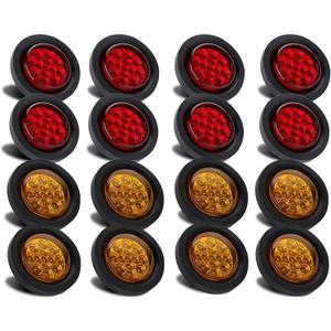 Partswcgg 2.5" Inch Round LED Marker Lights 13 LEDs Reflectors, 8 Amber + 8 Red 2 1/2" in Round LED Trailer Markers Truck Side Clearance Lights Flush Grommets Mount w/2 Prong Wire Pigtails Waterproof