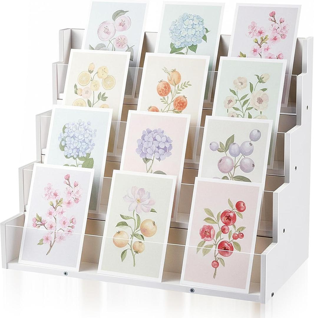 Yuntau 4 Tier Greeting Card Display Stand White Bamboo and Acrylic Sticker Display Stand Trading Card Holder Retail Photos Shelf for Vendors Craft Collection & Show